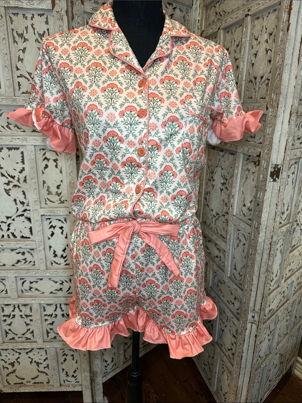 The Darling Effect Coral Floral Ruffle Short Pajama Set
